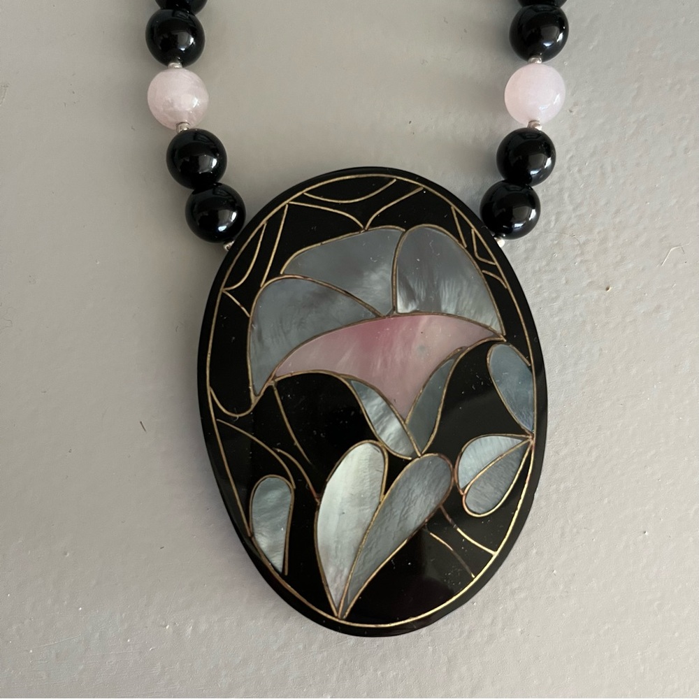 VTG Sterling 925 MOP Inlay Pink Jade BLK Onyx Agate Bead Designer Necklace - Picture 10 of 12